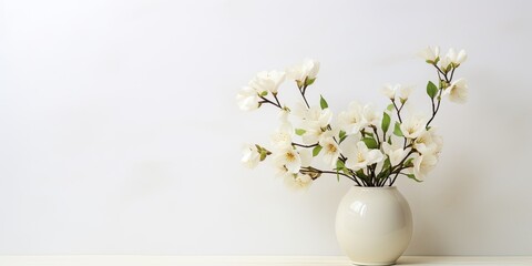Stylish floral arrangements for home decor: Delicate white flowers in a vase on a white wall.