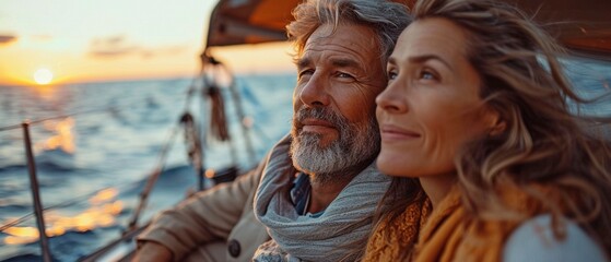 Friends in retirement relaxing on a sailboat in a sunny ocean.