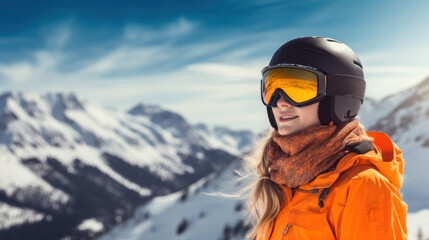Fototapeta na wymiar Portrait of woman in alps. Ski vacation in skier uniform, helmet and goggles