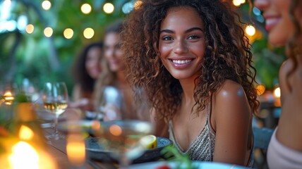 Smiling female companions conversing while dining at a restaurant table.