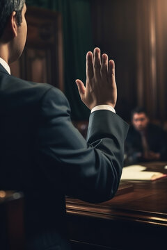 Witness the gravity of the courtroom as a man, with a determined expression, takes an oath to uphold the principles of justice.