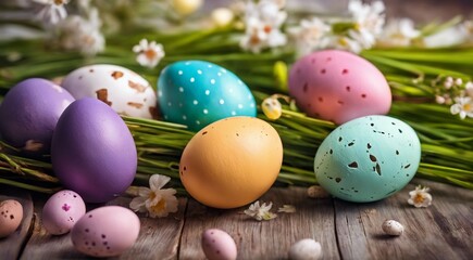 Fototapeta na wymiar easter eggs in a basket, easter eggs in a nest, easter eggs in the grass, colored easter eggs, happy easter scene