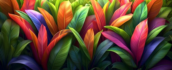 Colorful leaves spread out in large groups on black background, neon and fluorescent style, neoplasticism, vibrant colorism, brilliant colors, vivid color blocks, realistic leaf texture. generative AI