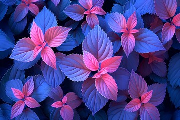 Colorful leaves spread out in large groups on black background, neon and fluorescent style, neoplasticism, vibrant colorism, brilliant colors, vivid color blocks, realistic leaf texture. generative AI