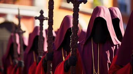 Holy Week , group of penitents holding a cross dresses  with vivid colors
 - obrazy, fototapety, plakaty