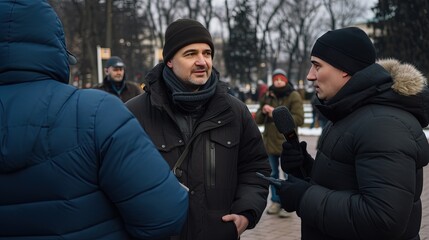 Fototapeta premium Reporters interacting with the public, assessing election sentiments through interviews, capturing the thoughts and expectations of voters.