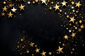 Fototapeta na wymiar festive dark background with gold stars and glitter