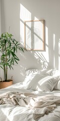 White Minimal Bedroom Interior with Bed, Pillows, Plant, and Posters