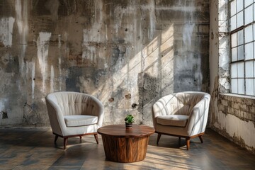Modern Loft Living: Vintage Barrel Chairs, Round Coffee Table, and Grunge Concrete Wall in Scandinavian-Inspired Interior Design
