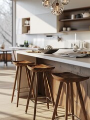 Fototapeta na wymiar Scandinavian Kitchen Interior with Wooden Stools and Modern Design