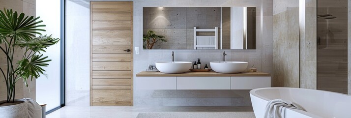 Luxurious Contemporary Bathroom Interior with White Sink, Wooden Door, Tiled Floor, and Mirror
