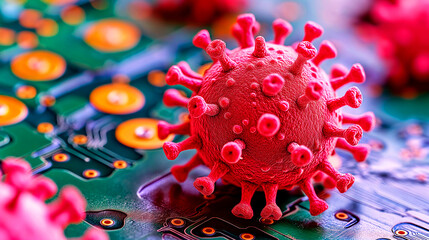 detailed, red virus model on a green circuit board, representing a cyber threat or a computer virus in a technology environment