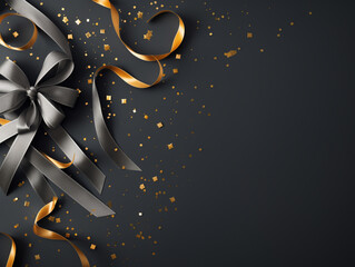 Dark grey background with confetti and platinum ribbons on the corner. Copy space setting. - obrazy, fototapety, plakaty