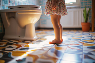 Little girl's legs in a bathroom. Training a toddler to use a toilet. Potty training, hygiene, childhood milestones. - obrazy, fototapety, plakaty