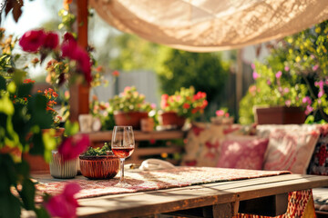 Fototapeta na wymiar Glass of pink wine on a table on cozy wooden terrace with rustic wooden furniture, soft colorful pillows and blankets, and flower pots. Charming sunny evening in summer garden.