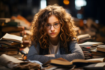 Sad tired girl sitting and looking in to books and notebooks. Education, school, learning difficulties, dyslexia concept - obrazy, fototapety, plakaty