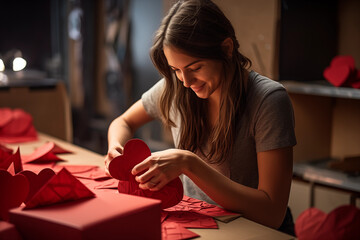 Smiling woman crafting handmade heart-shaped cards for Valentine's Day in a cozy home setting
