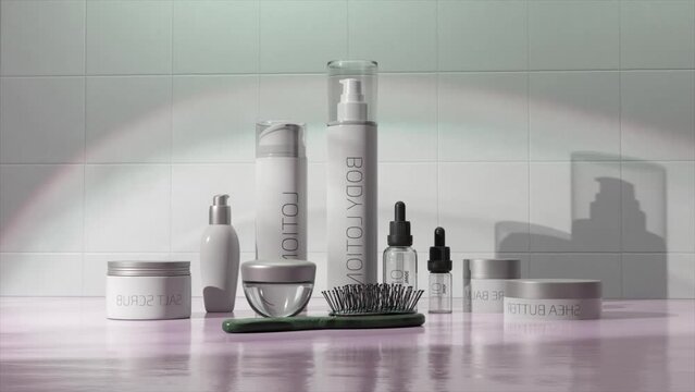 Elegant 3D animation of skincare products with clean, reflective surfaces and calming hues.