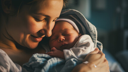 A woman holds her baby close to her chest, cherishing the precious bond between mother and child - obrazy, fototapety, plakaty