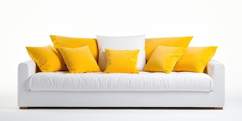 Isolated white sofa bed with armrests and cushions, front view. Three-seater with four yellow scatter pillows.