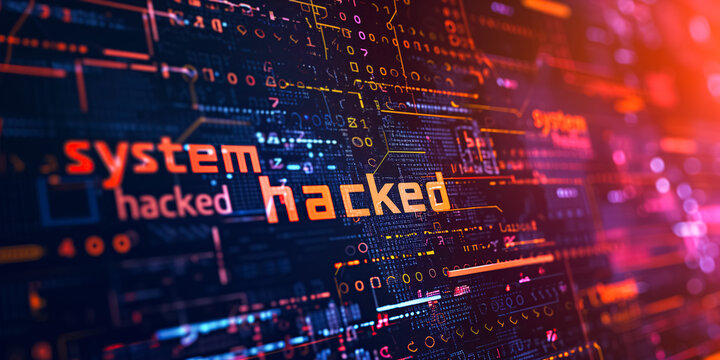 System hacking with info message. Background with a code on a blue background and a virus warning. Cyber security and cybercrime