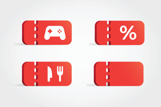 3d red discount voucher gaming, food drink and sale off icon set bundle