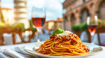 Pisa: A Plate of Delicious Spaghetti Bolognese With Sauce and Parmesan Cheese and the Leaning Tower of Pisa, Italy, in the Background