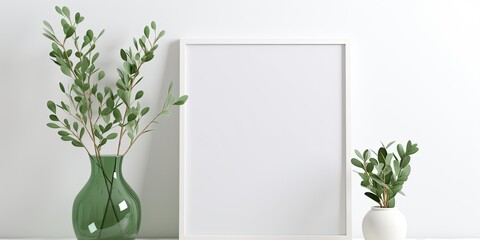 Festive decorations for displaying artwork at home, including a mock-up with green branches in a vase on a white table.