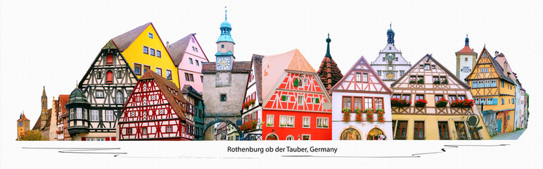 The facades of historical building at Rothenburg ob der Tauber where is the fortified city at...