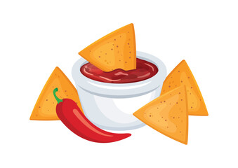 Nachos with red spicy salsa sauce and chilli pepper vector illustration. Nachos corn chips with tomato salsa sauce icon vector isolated on a white background. Salty snacks tortilla chips drawing
