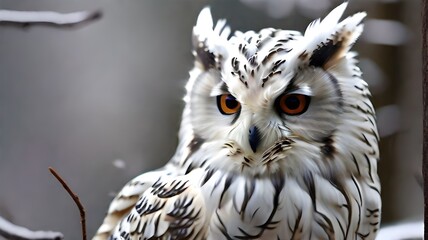 Snowy owl with orange eyes and white fur in winter forest.