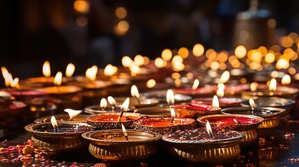 Fototapeta na wymiar A Close-up of a Diya Lamp Glowing Brightly in The Darkness During Diwali