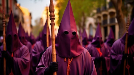 Holy Week , group of penitents holding a cross dresses  with vivid colors
