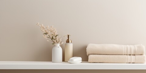 Beige pastel bathroom interior with white shelf, towels, soap, perfume bottle, and cotton plant....