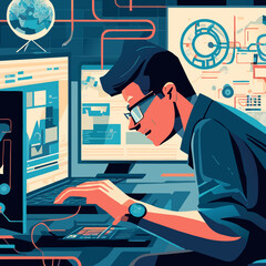 Tech Analyst at Work: Futuristic Data Dashboard Illustration