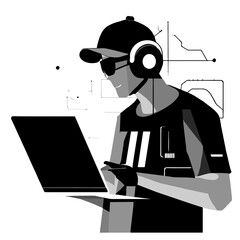 Tech Analyst at Work: Futuristic Data Dashboard Illustration