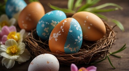 Obraz na płótnie Canvas easter eggs in a basket, easter eggs in a nest, easter eggs in the grass, colored easter eggs, happy easter scene