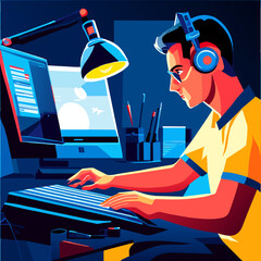 Tech Analyst at Work: Futuristic Data Dashboard Illustration