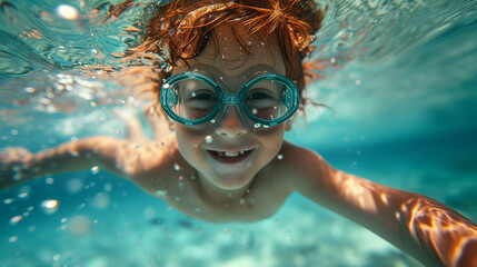 Naklejka premium A child underwater, smiling at the camera