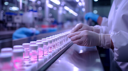 Medical scientists factory work examining vials on a production line converyorbelt in a pharmaceutical factory, ai generated