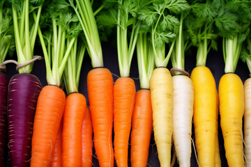 Rows of colorful carrots ranging from purple to yellow, neatly lined up with their leafy tops attached, on a dark background. - obrazy, fototapety, plakaty