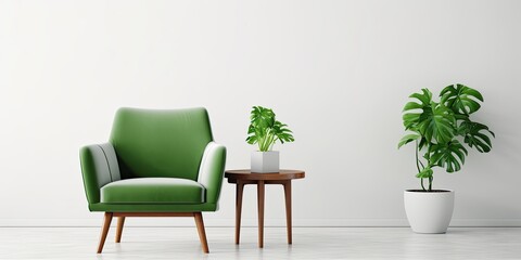 Green armchair in white room with table and plant.