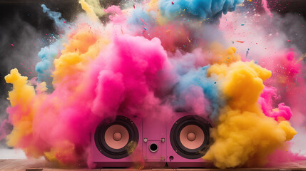 Abstract watercolor background with watercolor, Disco party vibe Colorful speakers in the...
