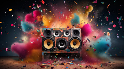 Background with speakers, Disco party vibe Colorful speakers in the background creating excitement,...