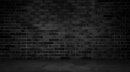 Fototapeta na wymiar dark room with concrete floor and black brick wall background. empty room for montage product displayed in rustic, industrial, loft mood and tone. room interior with brick wall and cement floor.
