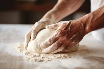baker's hands knead the dough in the bakery.The concept of creating fresh bread