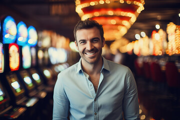 Happy man at casino slot machines enjoying nightlife lifestyle