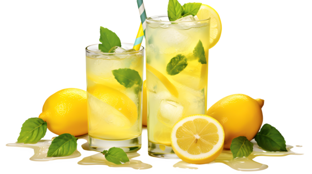Lemonade glass, transparent background, high-resolution image, refreshing beverage, summer drink, digital illustration, drinkware design