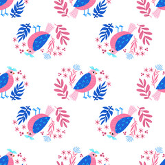 Fototapeta premium Seamless pattern with birds. Decorative flowers. Pattern with stylized birds. Vector, Flat style.
