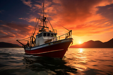 Fishing boat at sunset - obrazy, fototapety, plakaty